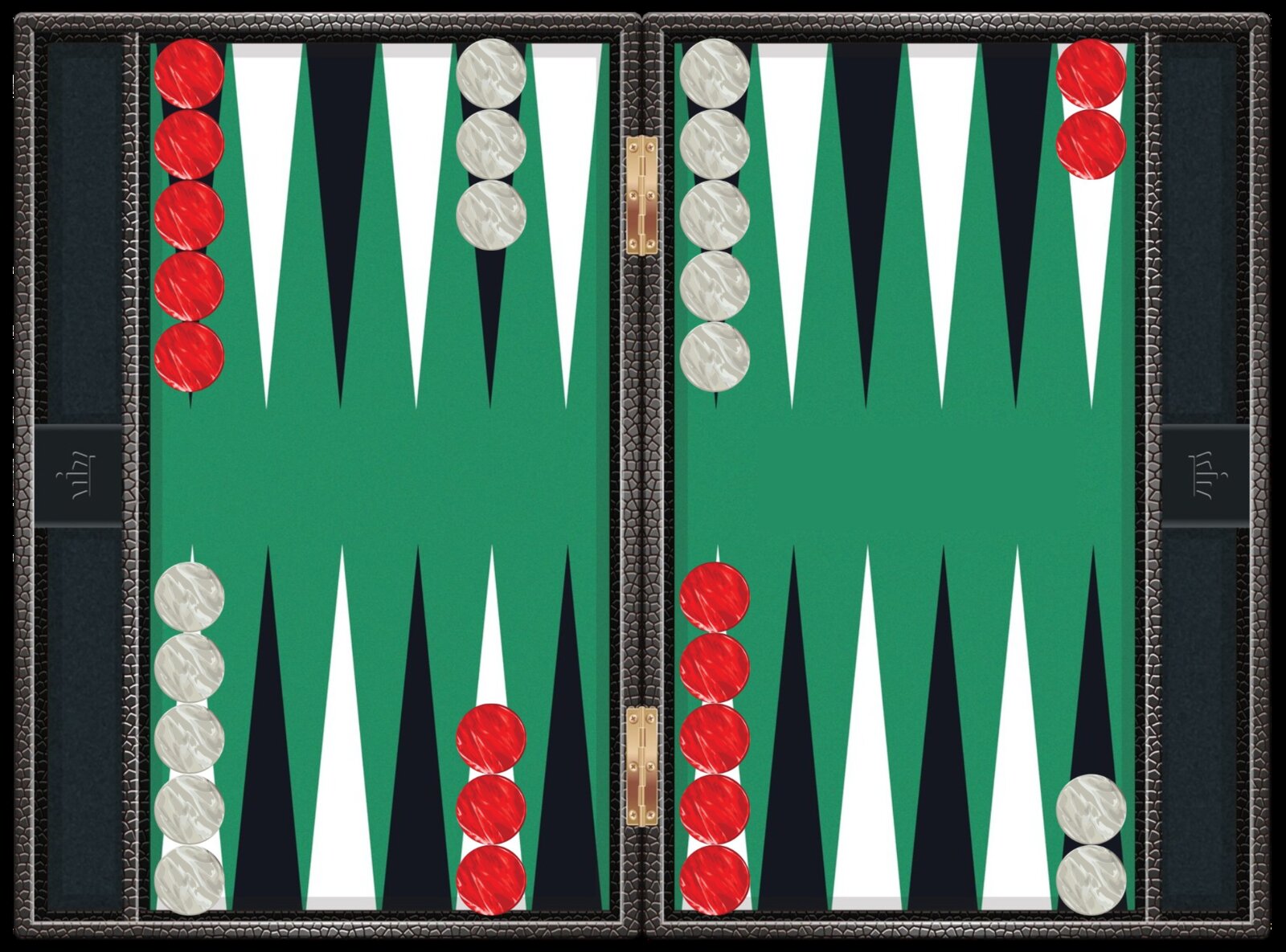 A backgammon board set up in the standard starting position — fifteen red and fifteen white checkers arranged on the 1, 12, 17, and 19 points.