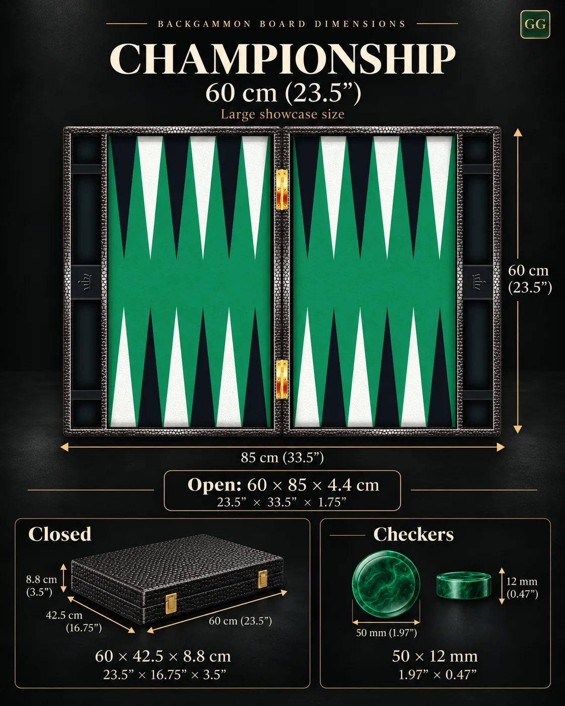 Championship Size: the open board, the closed case and the 50 mm checkers with their dimensions