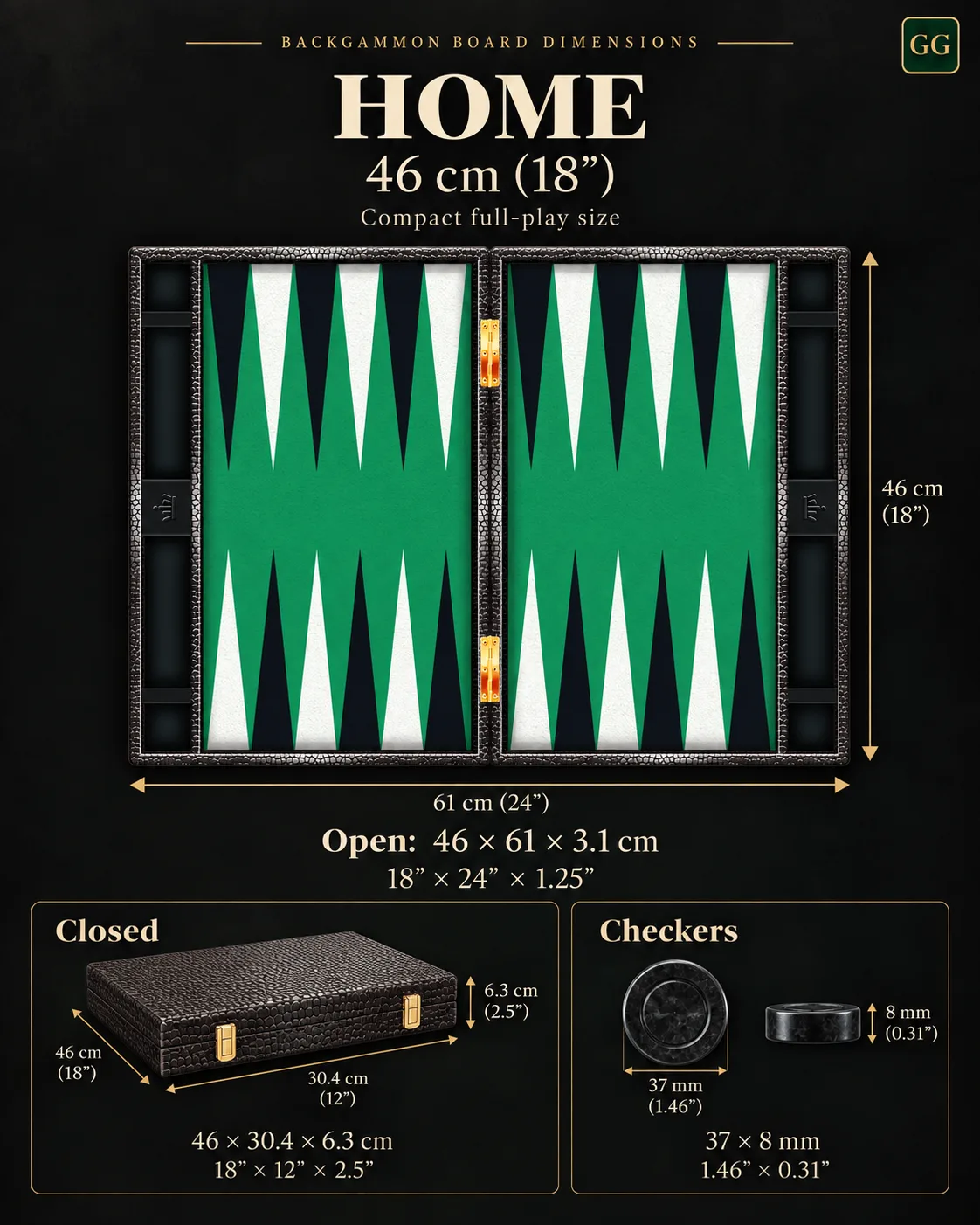 Home Size: the open board, the closed case and the 37 mm checkers with their dimensions