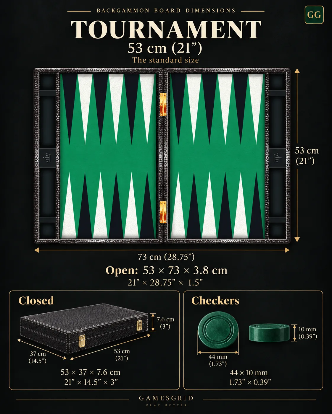 Tournament Size: the open board, the closed case and the 44 mm checkers with their dimensions