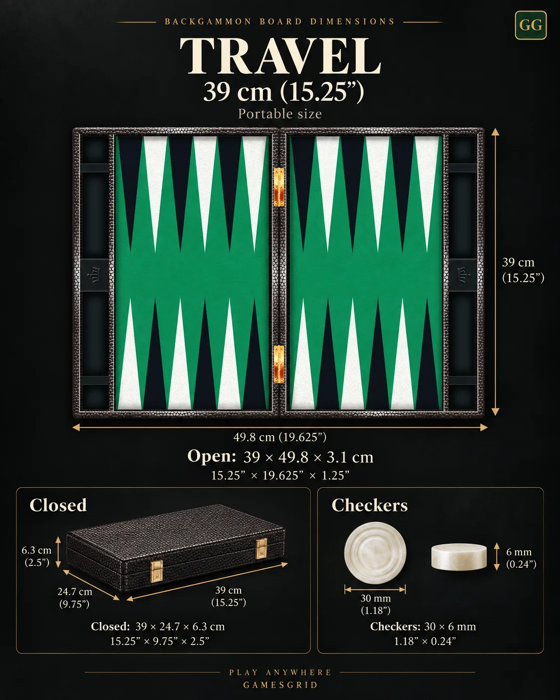 Travel Size: the open board, the closed case and the 30 mm checkers with their dimensions
