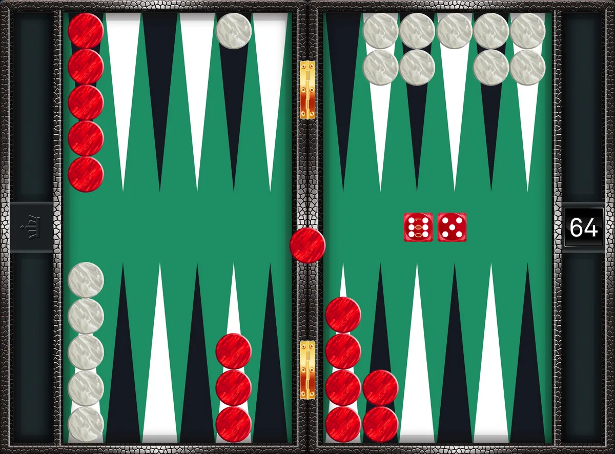 Bearing off: red has all remaining checkers in the home board with seven already borne off, rolling 6-5