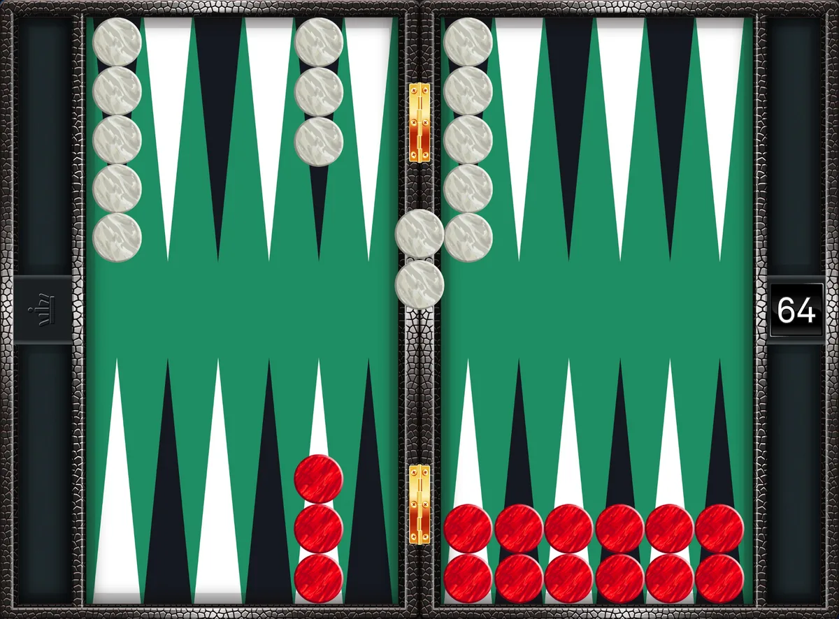 A closed board: red owns all six home points while two white checkers wait on the bar