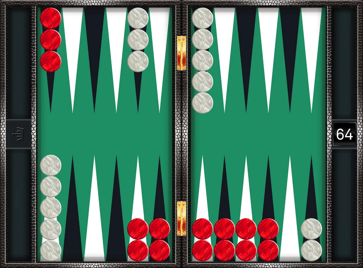A full six-prime: red holds every point from the 3 to the 8; the white back checkers cannot move
