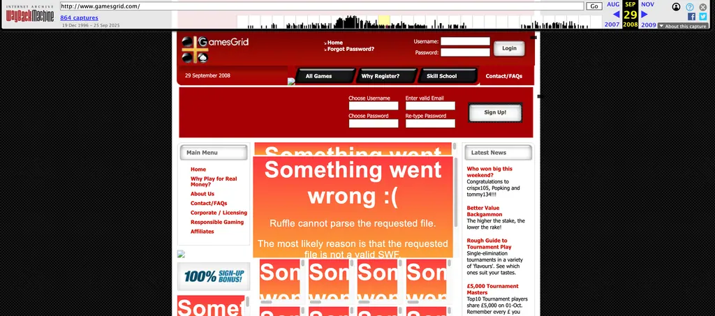The GamesGrid site in the 2008–2010 GamesAccount Network era — the brand retained but operating in a wind-down posture, before the platform effectively ceased as a backgammon destination.