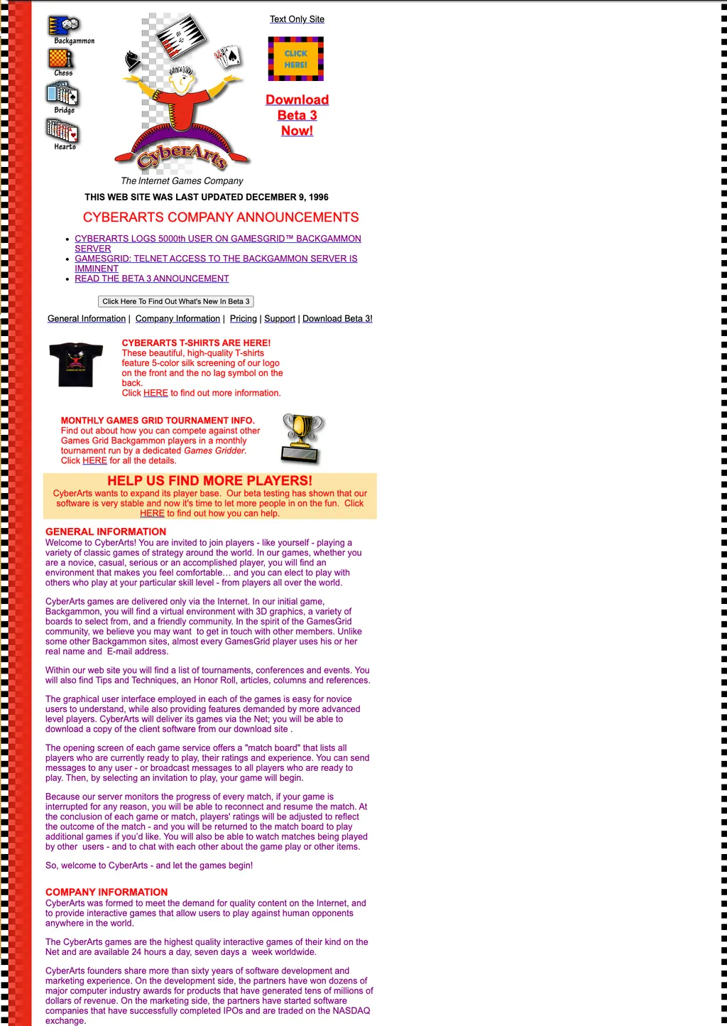 The GamesGrid Backgammon website at launch in 1996 — introducing the desktop client and the rooms to the early online-backgammon audience.