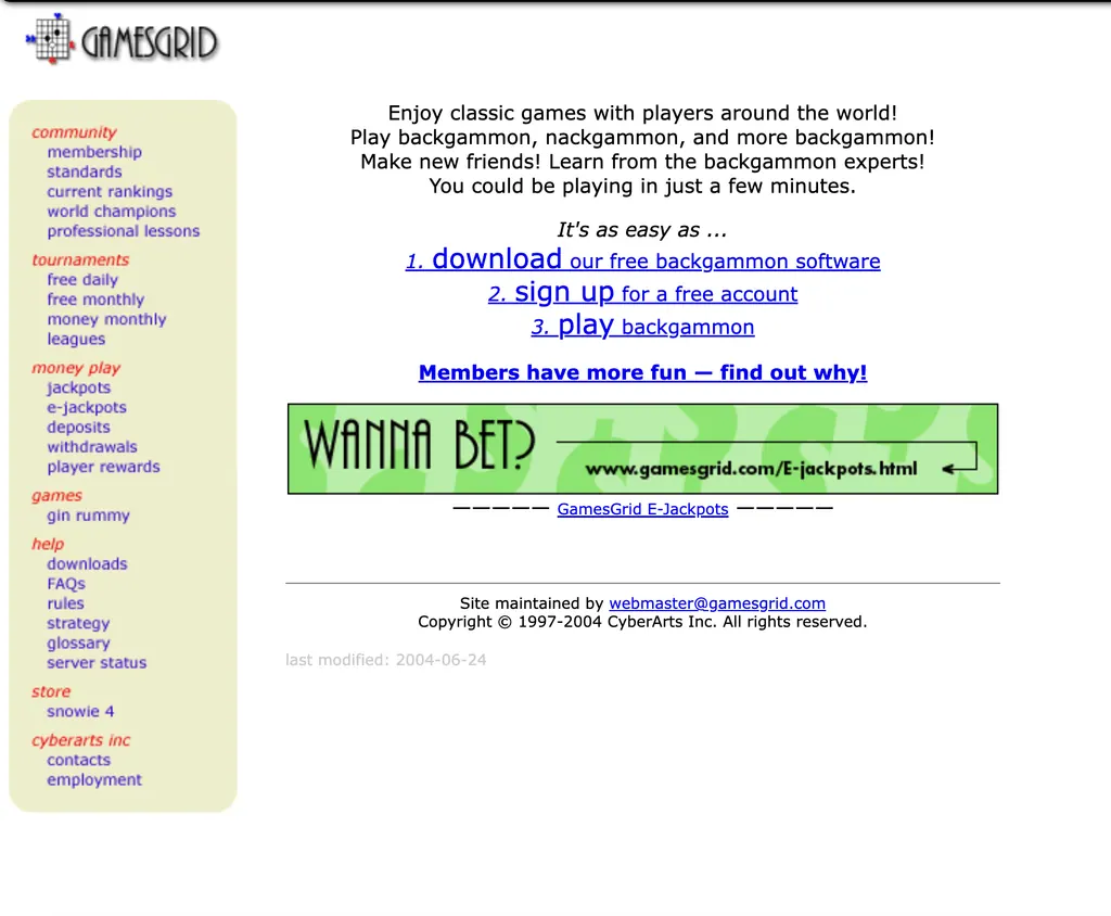The GamesGrid Backgammon website circa 2000 — the platform at the height of its backgammon era, with established tournaments and a maturing bot roster.