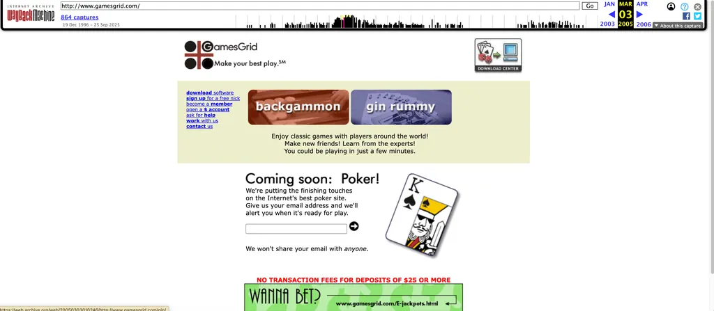 The April 2005 GamesGrid Poker announcement on the website — the strategic pivot away from backgammon as the platform's flagship product.