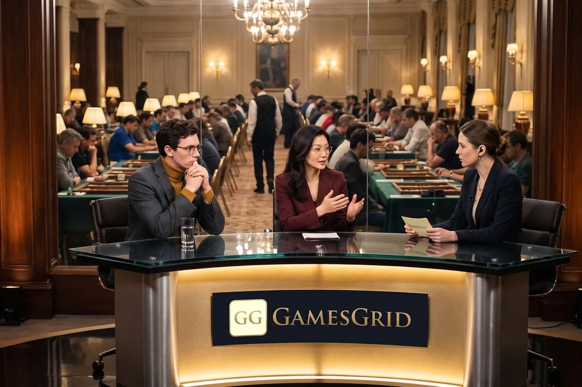 Due analisti alla scrivania dello studio GamesGrid in una sala di lega piena, con i membri del club che giocano ai tavoli dietro di loro