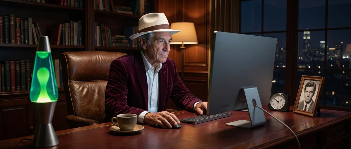 GG Volkov, uno de los miembros del club GamesGrid, en su escritorio de noche, jugando al backgammon online en su ordenador en un despacho revestido de madera