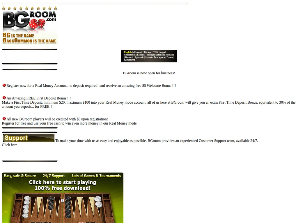 The BGRoom backgammon homepage in January 2011, promoting real-money accounts, welcome bonuses and its multilingual site.
