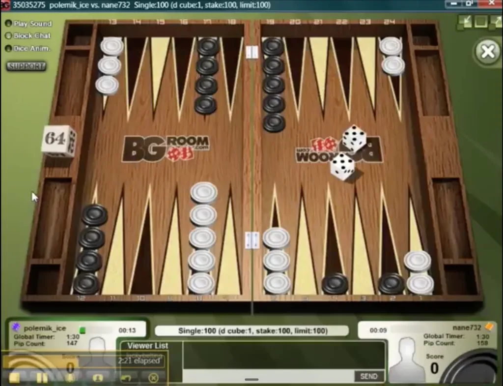 A BGRoom backgammon match in the downloadable client, c. 2010, played for a $100 stake with timers and pip counts on screen.