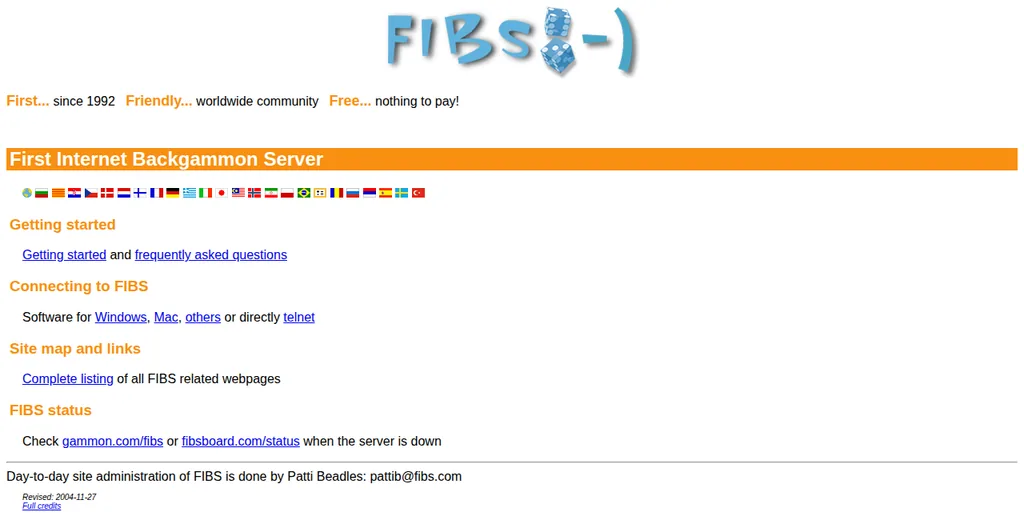 The FIBS homepage in December 2004 — “First… since 1992. Friendly… worldwide community. Free… nothing to pay!”