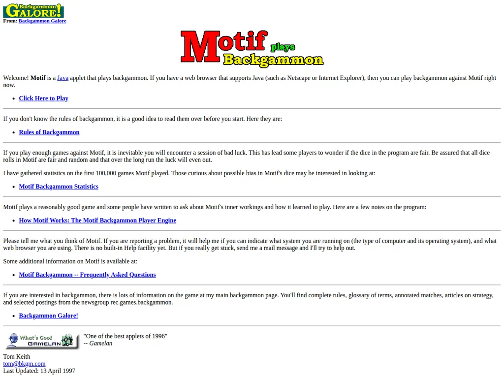 The Motif Backgammon page in June 2001, inviting visitors to play Tom Keith’s Java applet directly in the browser.