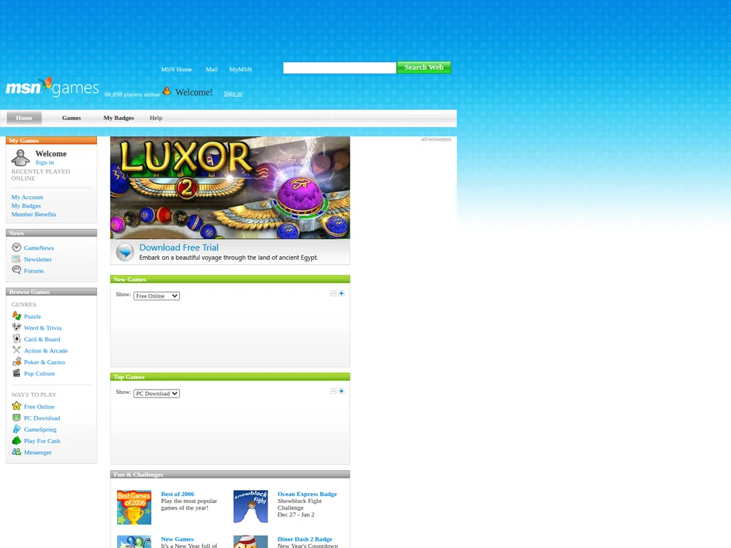The MSN Games homepage in January 2007 — the portal that hosted MSN Backgammon and the Zone’s free card and board rooms.