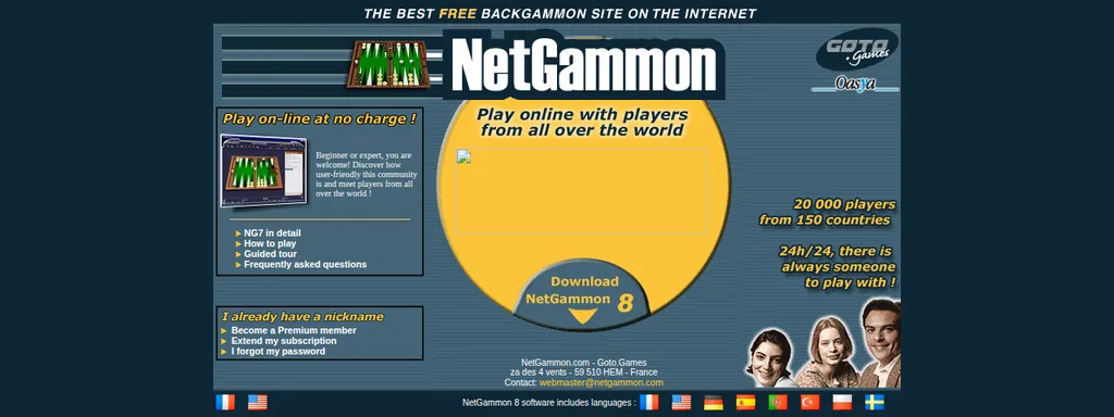 The NetGammon backgammon homepage in December 2005 — “the best free backgammon site on the internet”, with its French contact address in HEM.