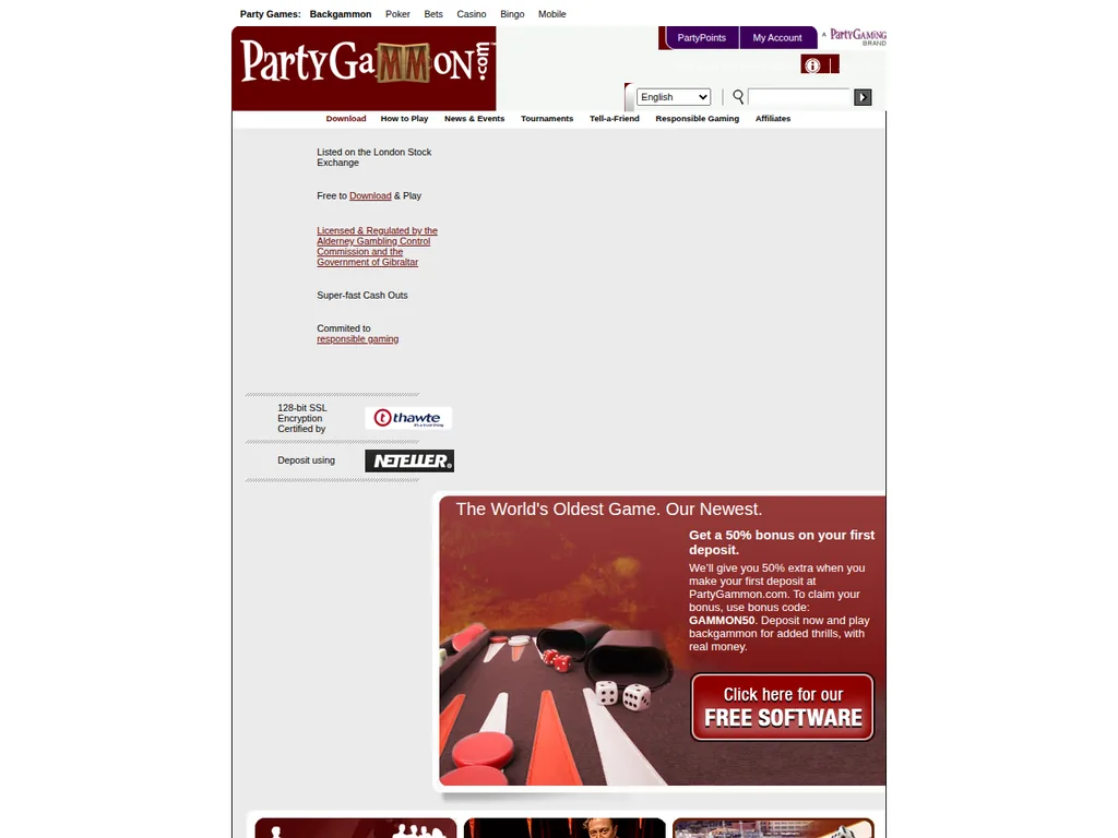 The PartyGammon backgammon homepage in December 2007, promoting a first-deposit bonus under the PartyGaming brand.