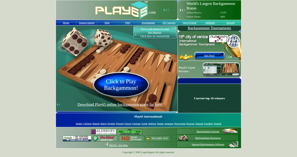 The Play65 backgammon homepage in October 2007, advertising the “World’s Largest Backgammon Room” with over 14,000 players online.