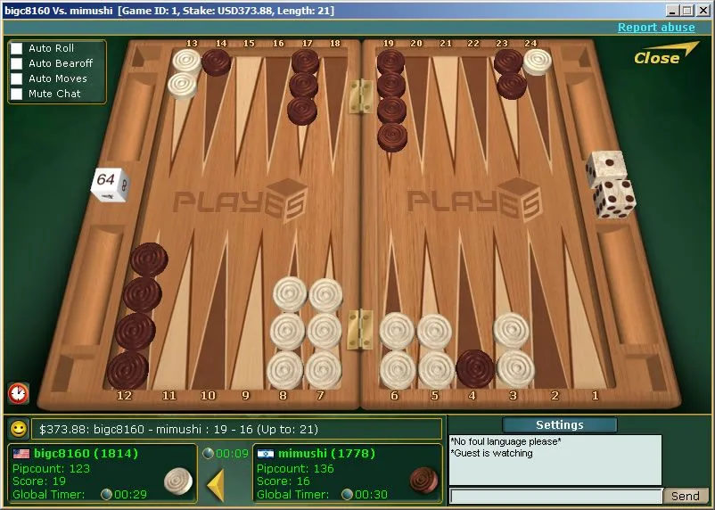 A Play65 real-money backgammon match in progress, c. 2009, with the doubling cube, pip counts and table chat visible.