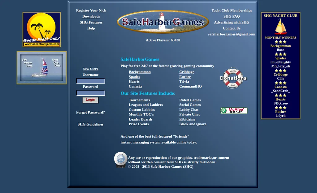The SafeHarborGames homepage in January 2013, with its lighthouse logo, login box and free games list including backgammon.