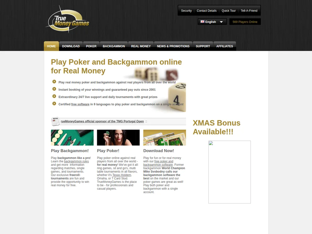 The TrueMoneygames homepage in January 2009, offering real-money backgammon and poker from a single account.