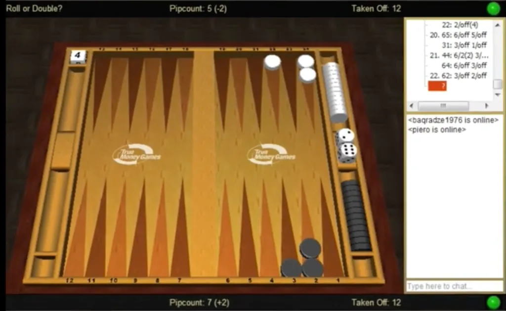 A TrueMoneygames backgammon match in the vector-graphics client, c. 2009, during a bear-off with the move list and chat panel visible.