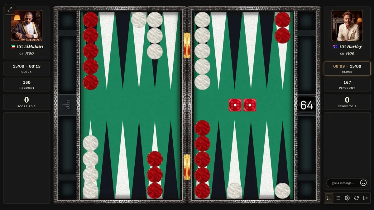 The GamesGrid table as it is today: a 5-point match in progress, the player has rolled double 1 and is to move