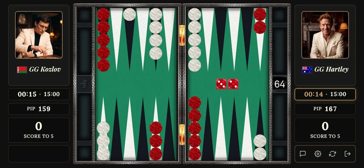 The GamesGrid table on a phone held in landscape: the full board with both trays, the doubling cube and the clock