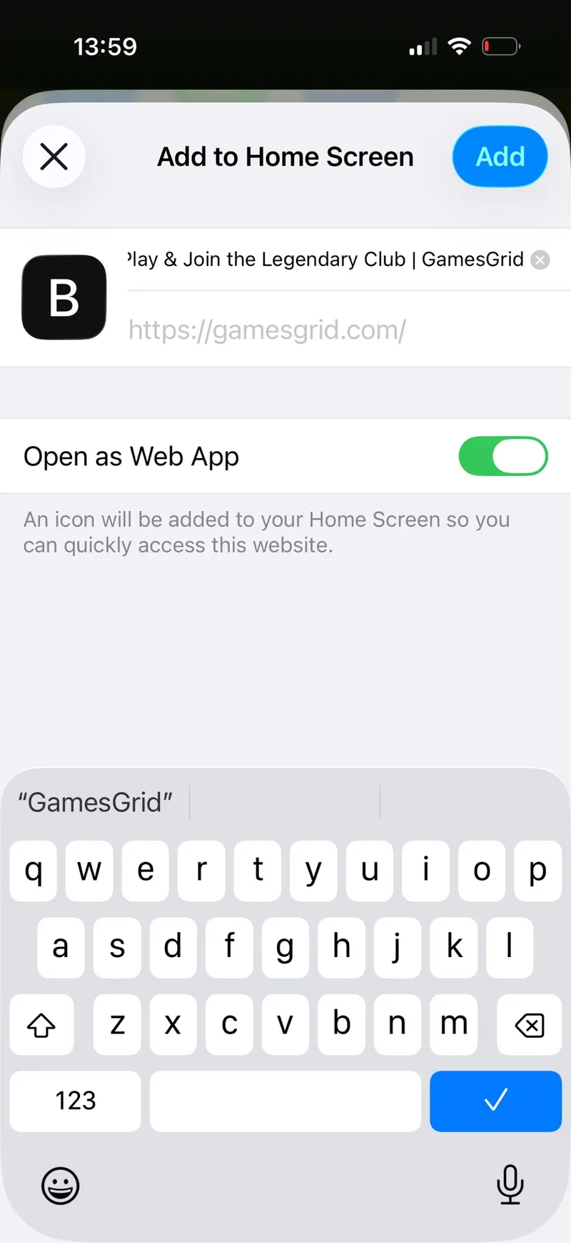The Add to Home Screen dialog on an iPhone, with the name GamesGrid and the Open as Web App toggle on