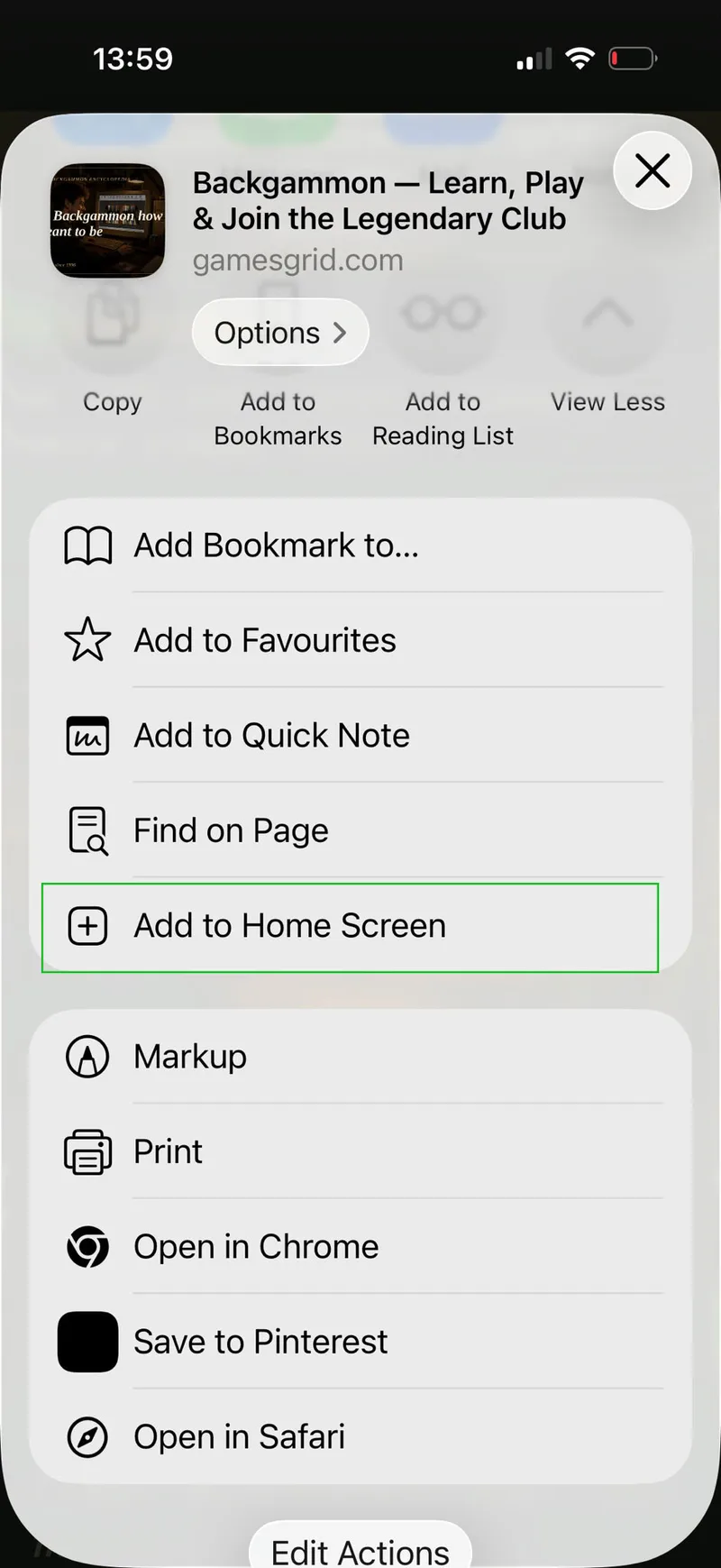 The Safari share sheet on an iPhone with Add to Home Screen highlighted