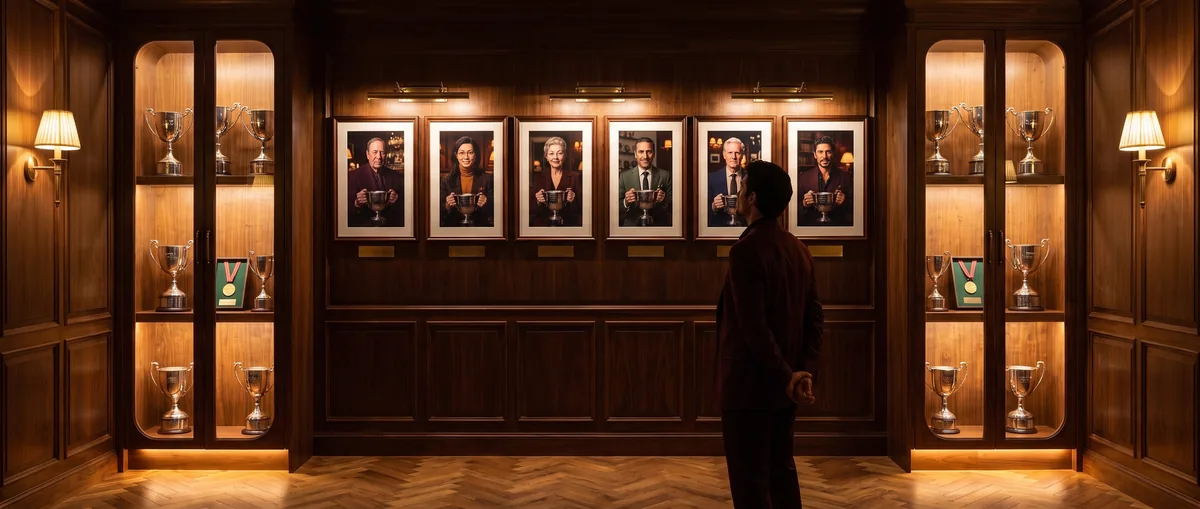 Un membre du club regarde les portraits encadrés des anciens champions et les vitrines à trophées dans le hall of fame aux murs lambrissés