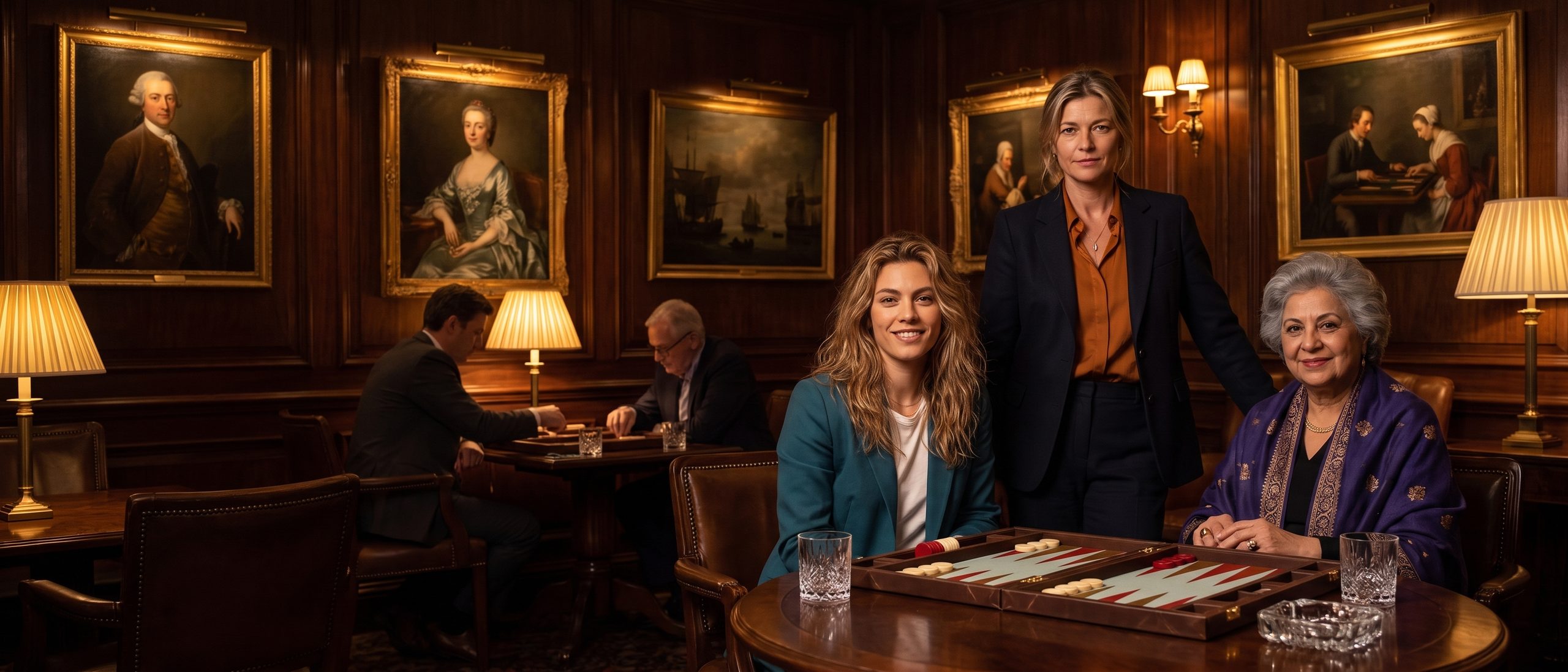 Three club members at a backgammon board in the GamesGrid lounge, portraits on the wood-panelled walls behind them