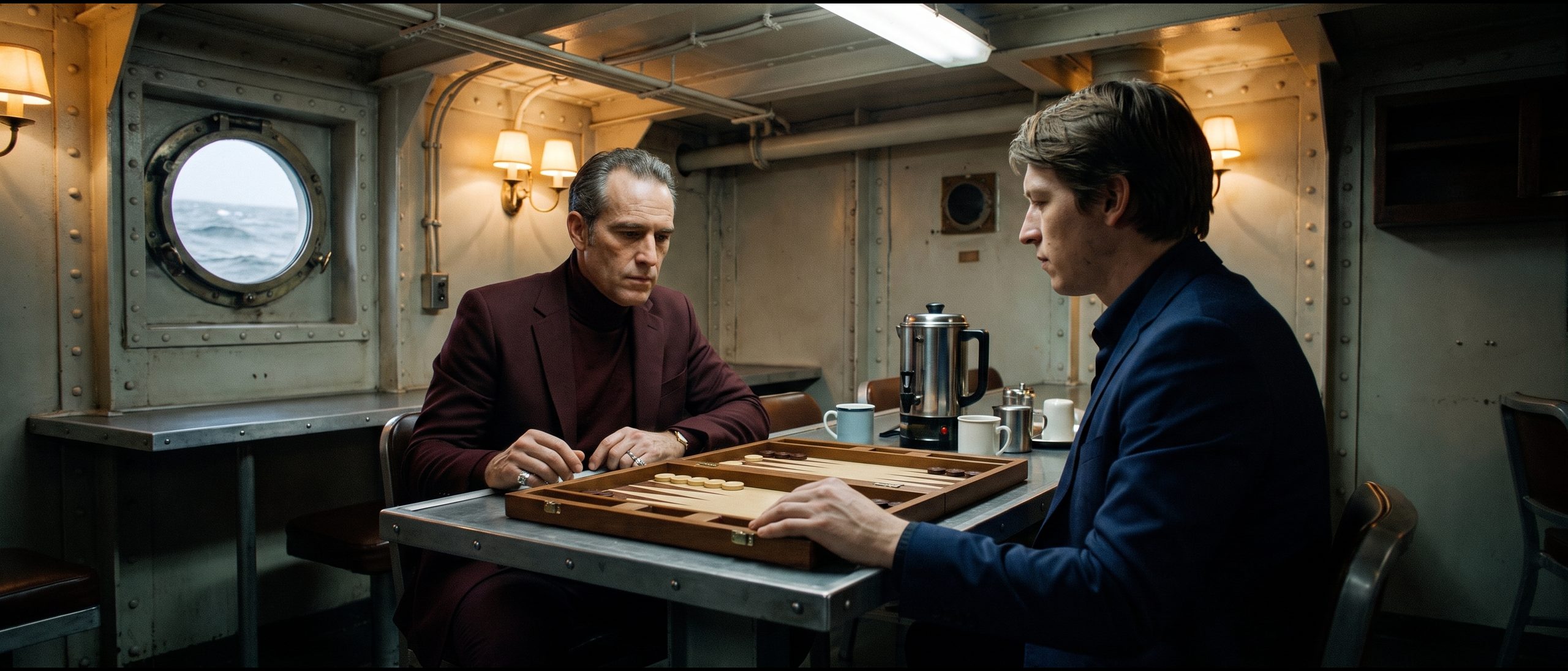 Dos hombres juegan al acey-deucey en un tablero de backgammon en el camarote de un barco, con un ojo de buey abierto al mar