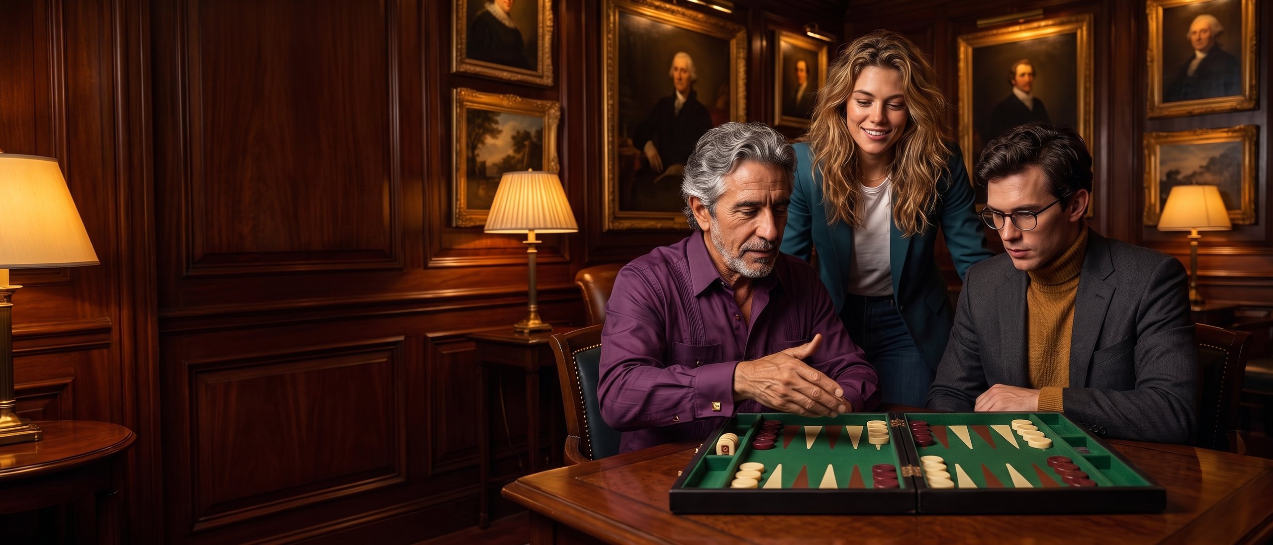Three players studying a finished backgammon position together under a lamp in the club lounge