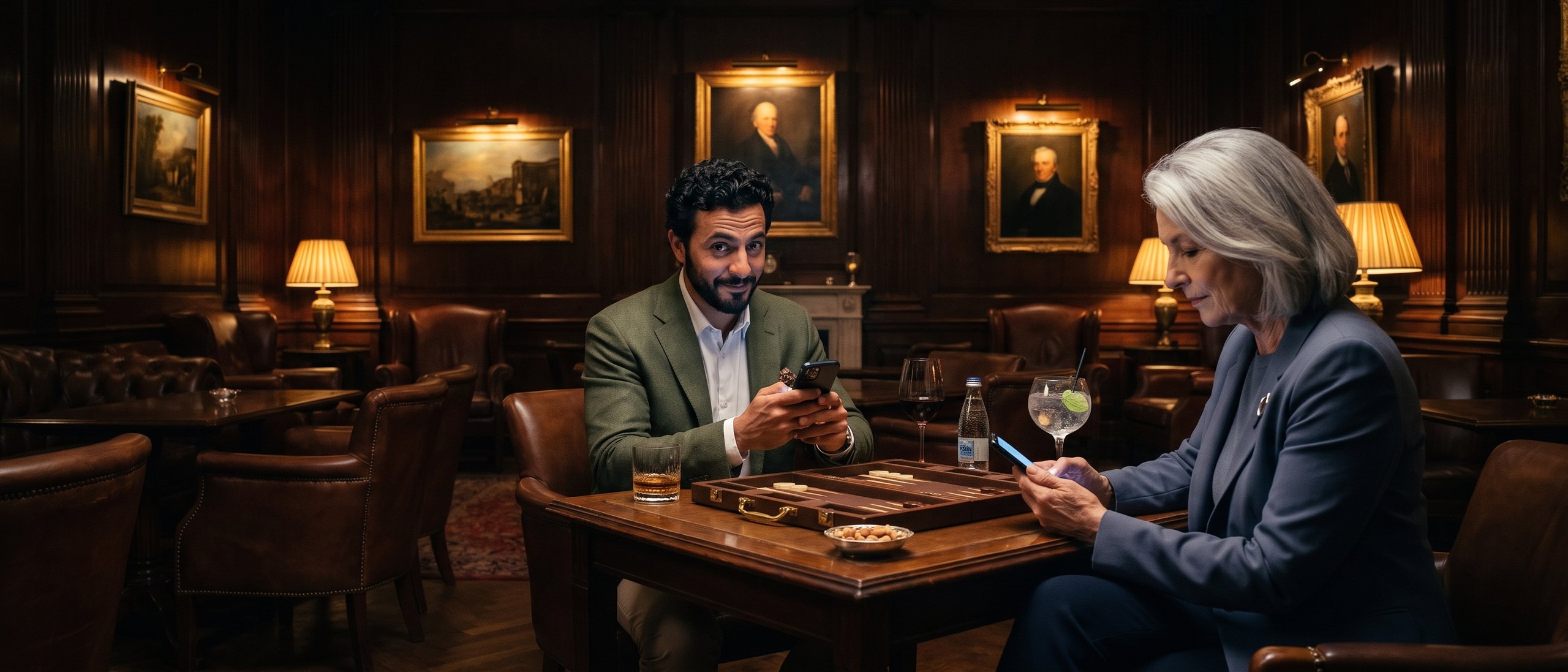 A man and a woman in the club lounge, each checking a backgammon match on their phone beside an open board