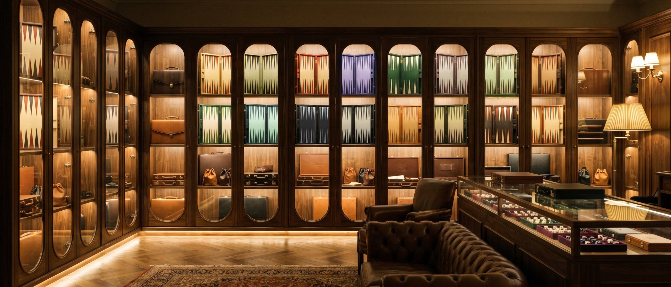 A wall of lit display cabinets with backgammon boards in different woods and colours in the GamesGrid showroom