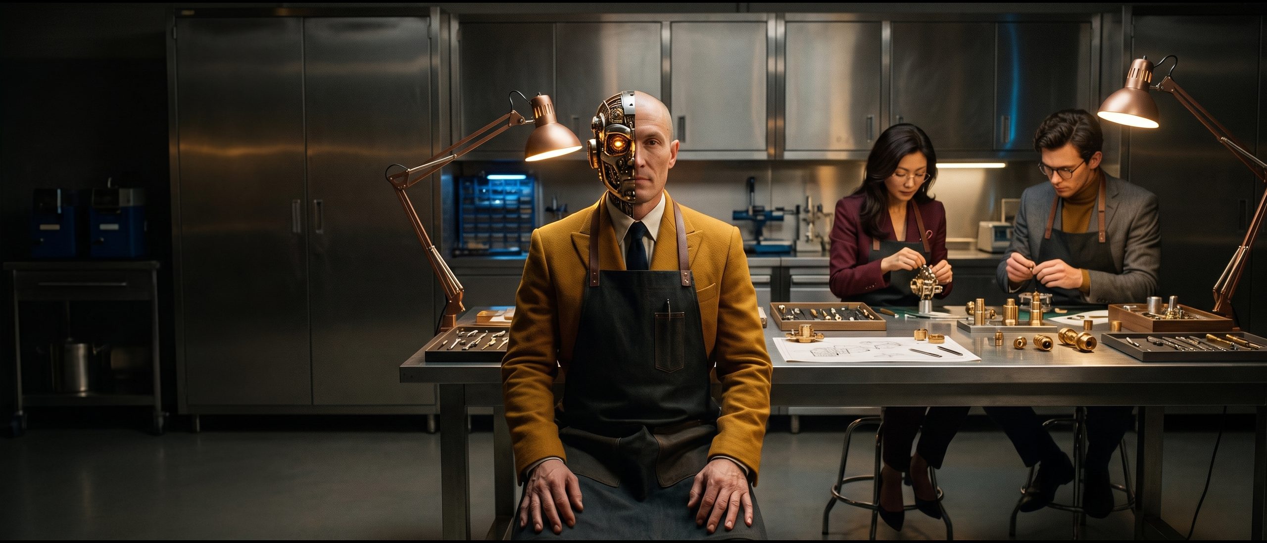 A club member with an open mechanical head sits in a workshop while two engineers work on a backgammon board
