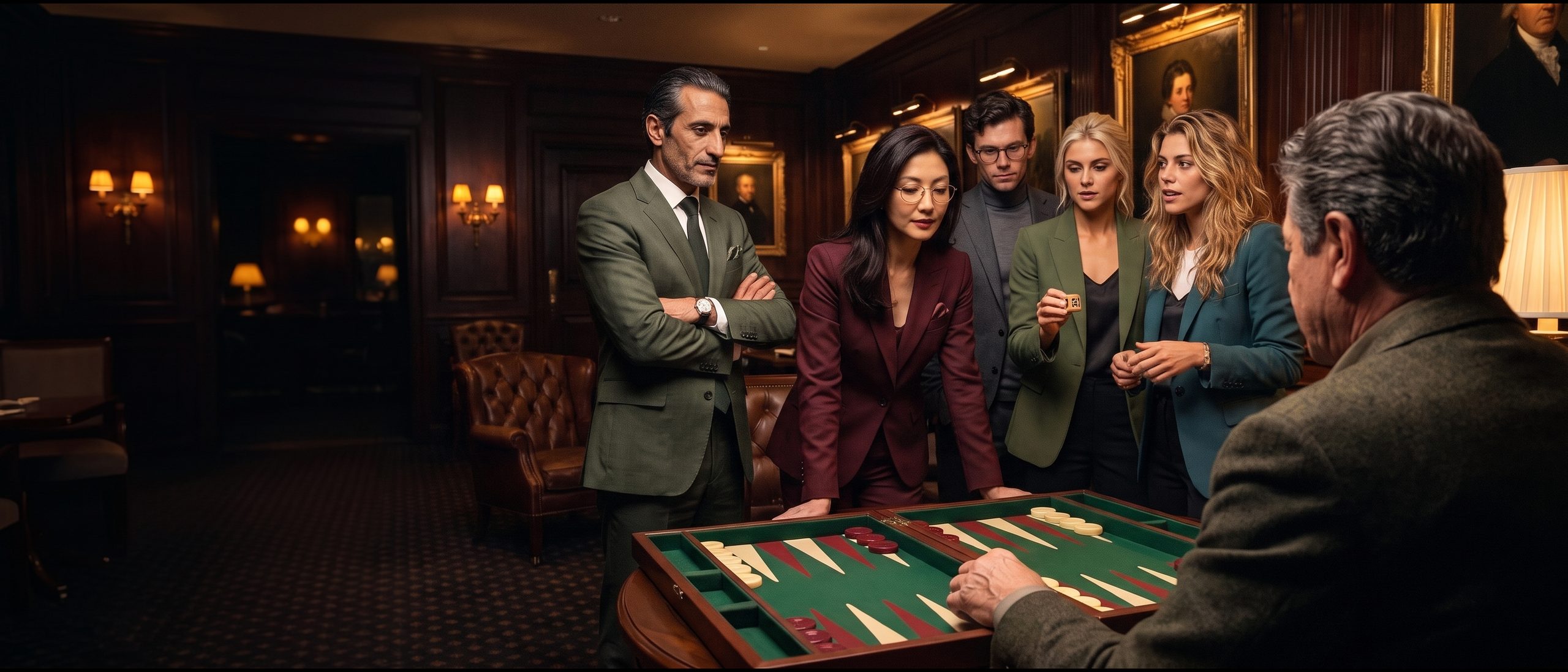 A chouette: one player at the backgammon board against a team of four advising from the other side of the table