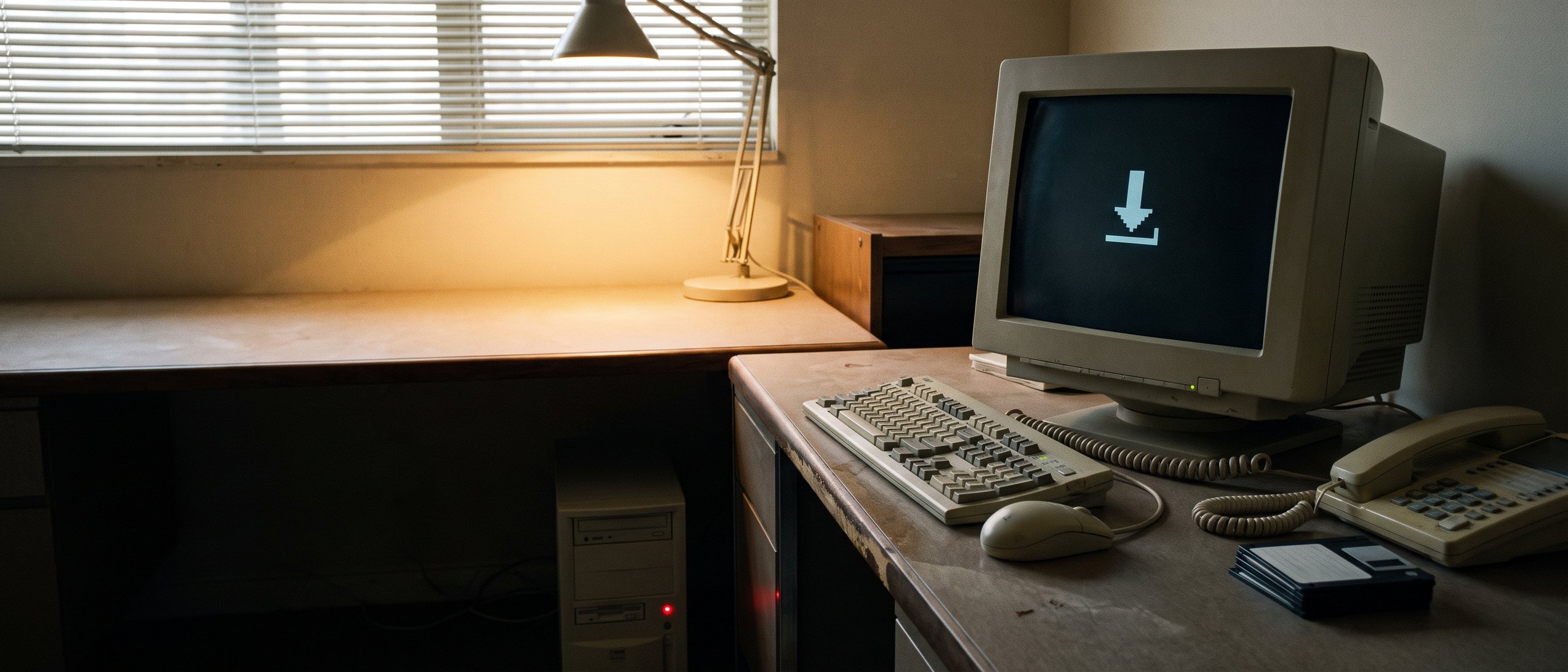 An old beige computer with a download icon on its screen on a desk by a window — nothing to install at GamesGrid
