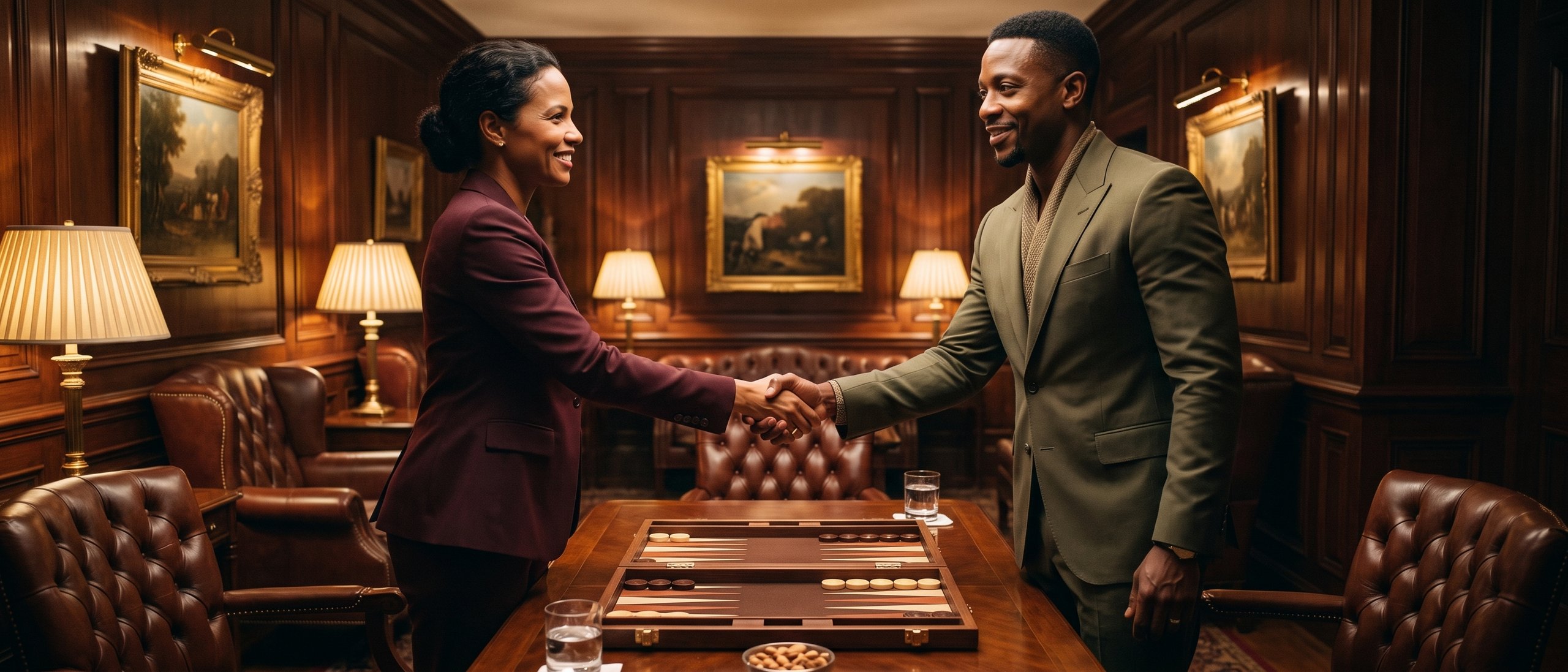 Two players shake hands over a backgammon board before their match in the club lounge