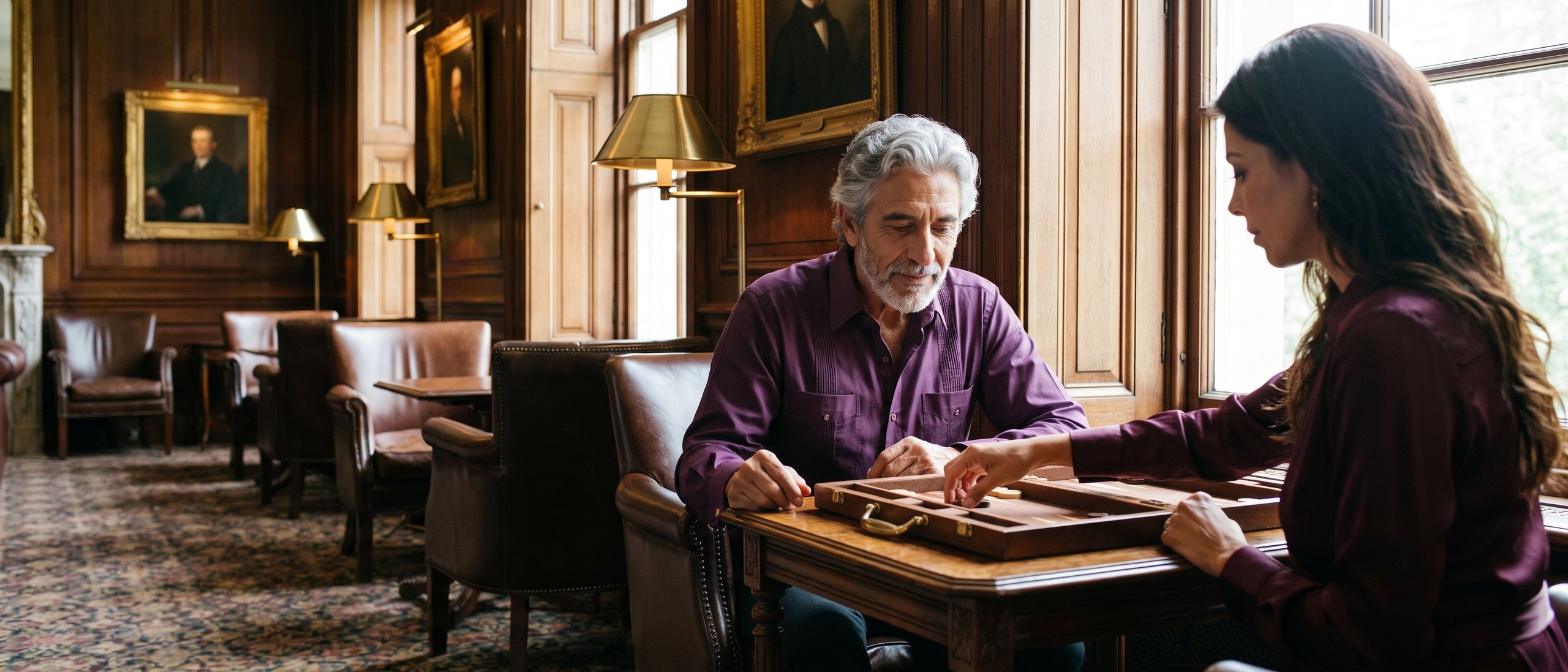 Two players deep in a backgammon position at a lounge table by the window, deciding on the golden point