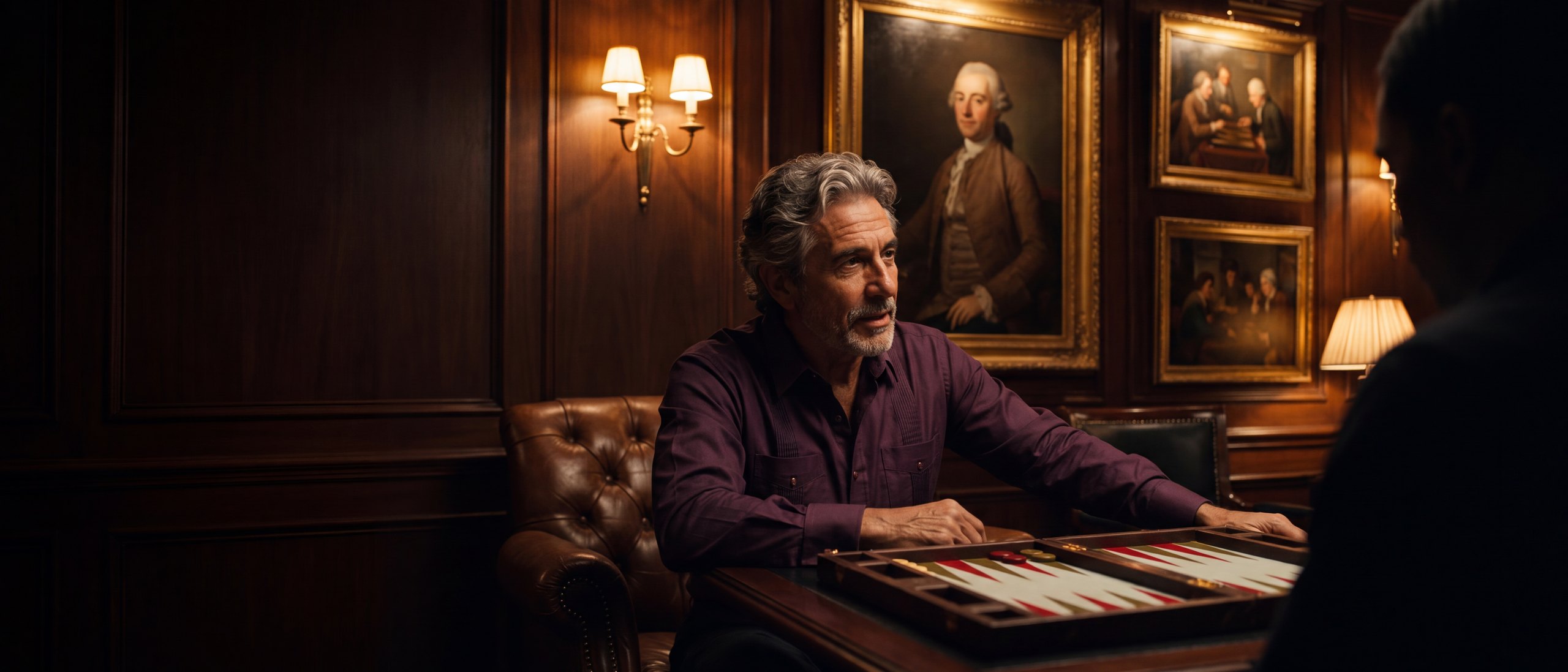 The club's only grandmaster at a backgammon board in the lounge, his opponent in shadow