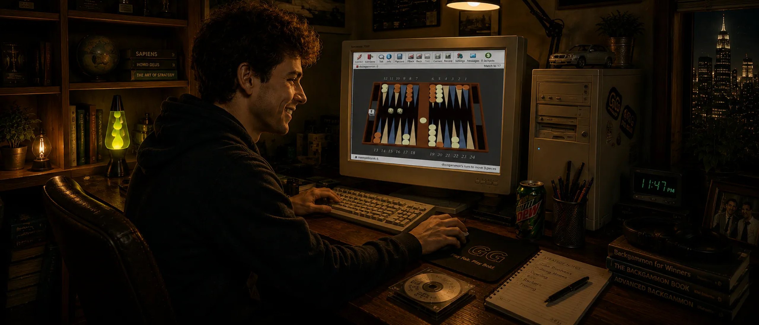 Un giovane gioca a backgammon online su un monitor a tubo catodico intorno al 2000, lo skyline di una città alla finestra