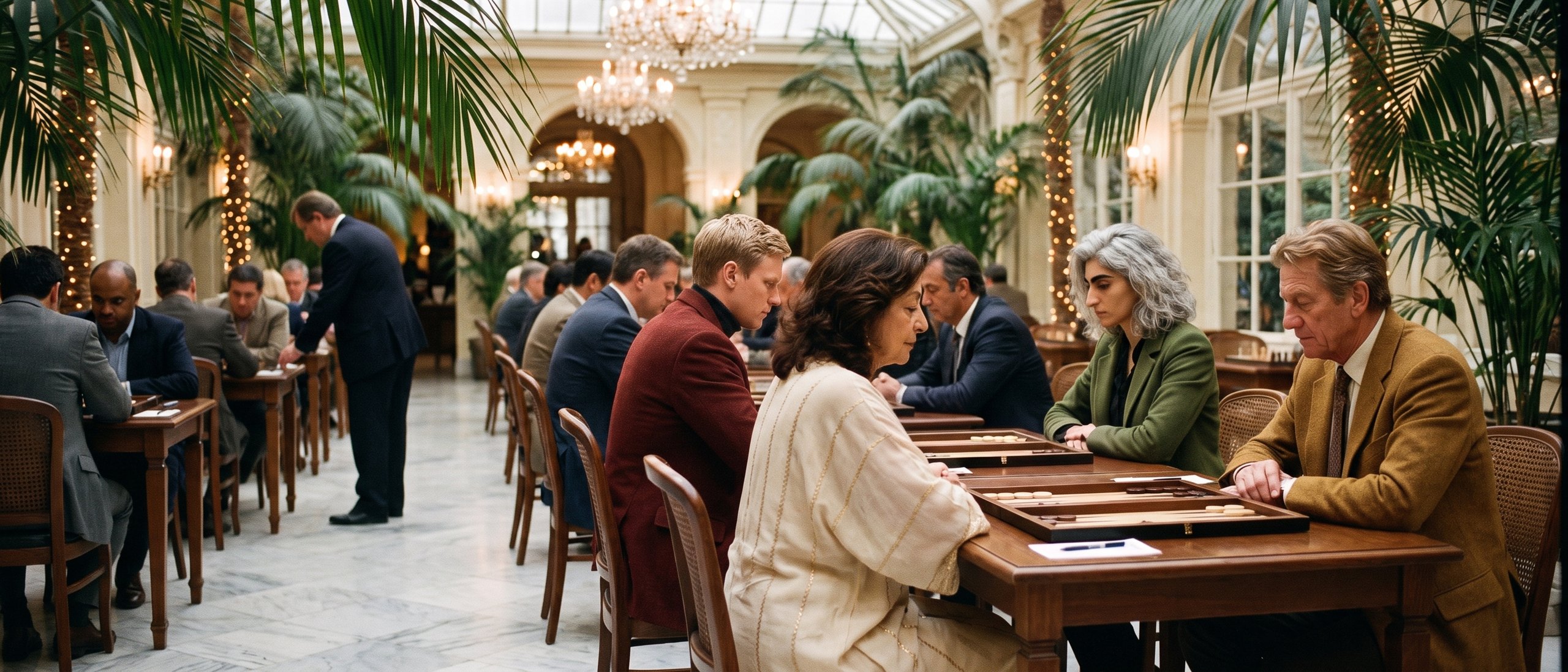 Una serata di lega: file di match di backgammon in corso in una sala luminosa con palme e un lampadario