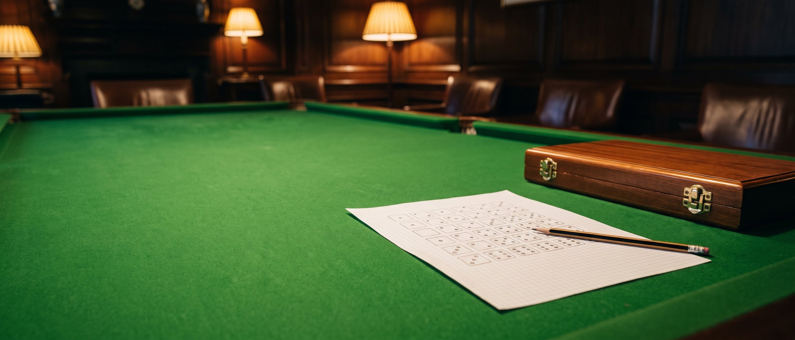 A closed backgammon case and a sheet of handwritten calculations on green baize under lamplight
