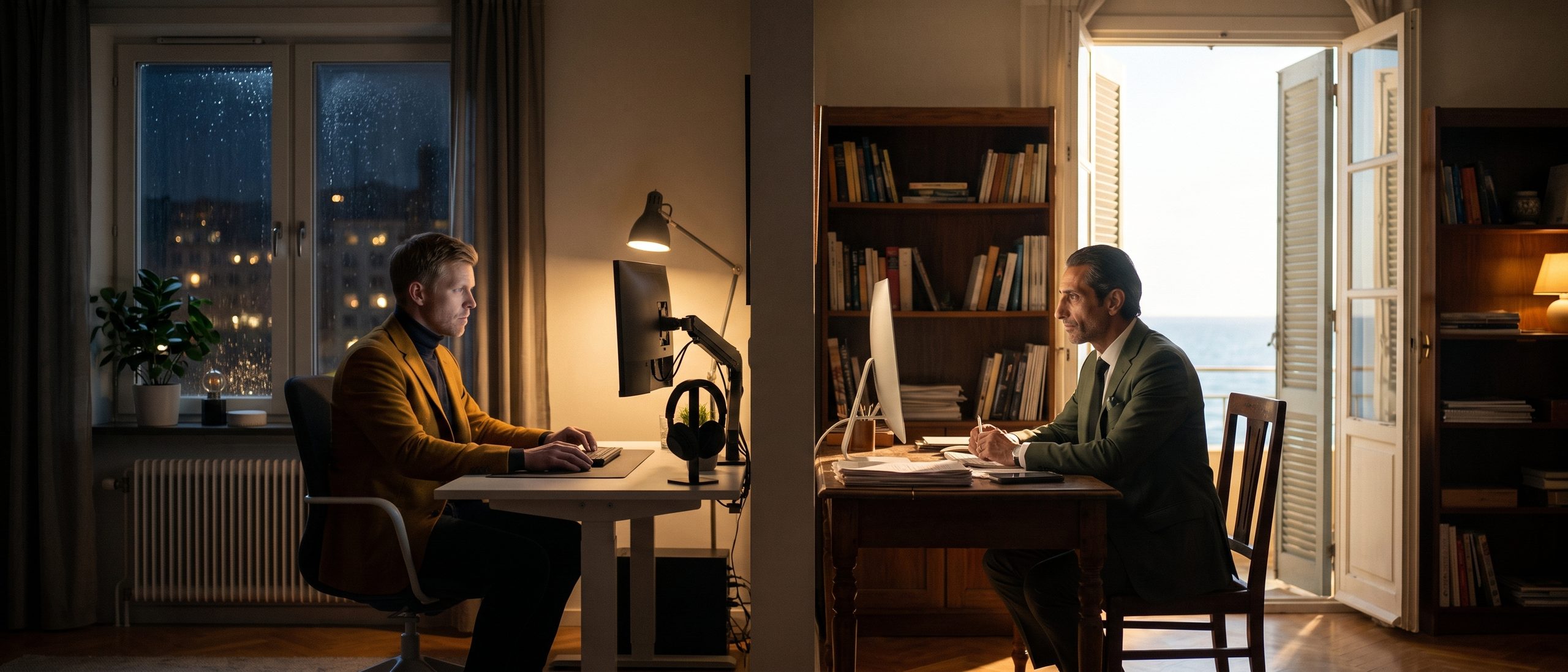 Dos jugadores en casas distintas juegan online desde su escritorio: uno en un estudio oscuro, otro junto a una ventana