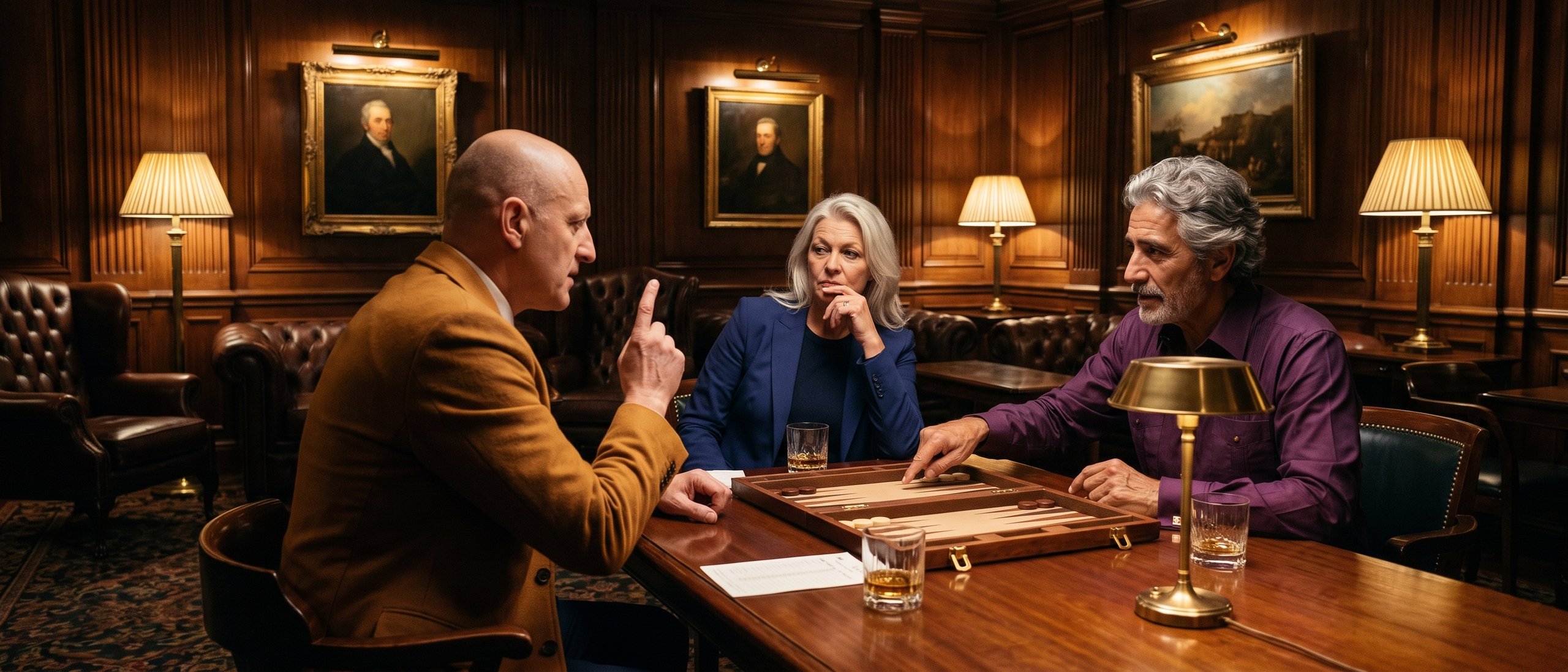 Three club members debate an opening roll over a backgammon board in the lounge