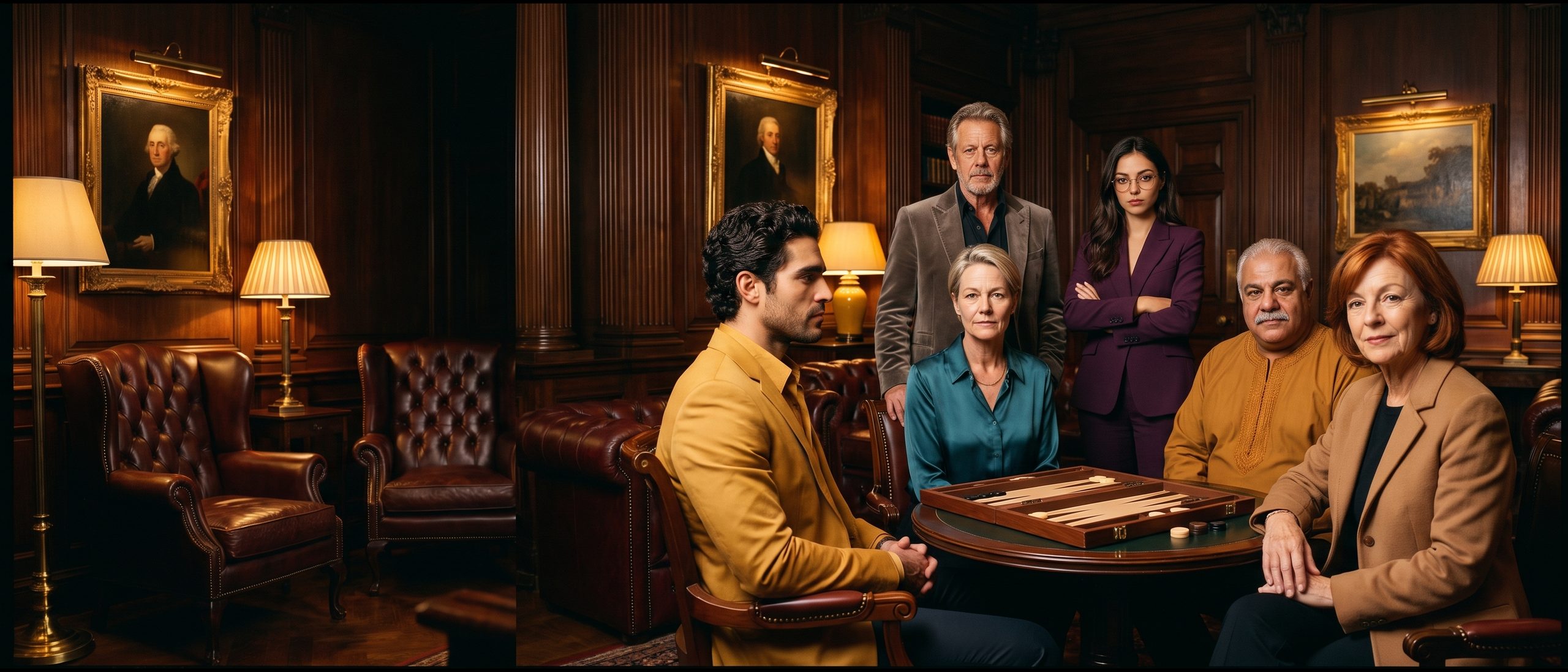 Six advanced-level club members gathered around a backgammon board in the lounge