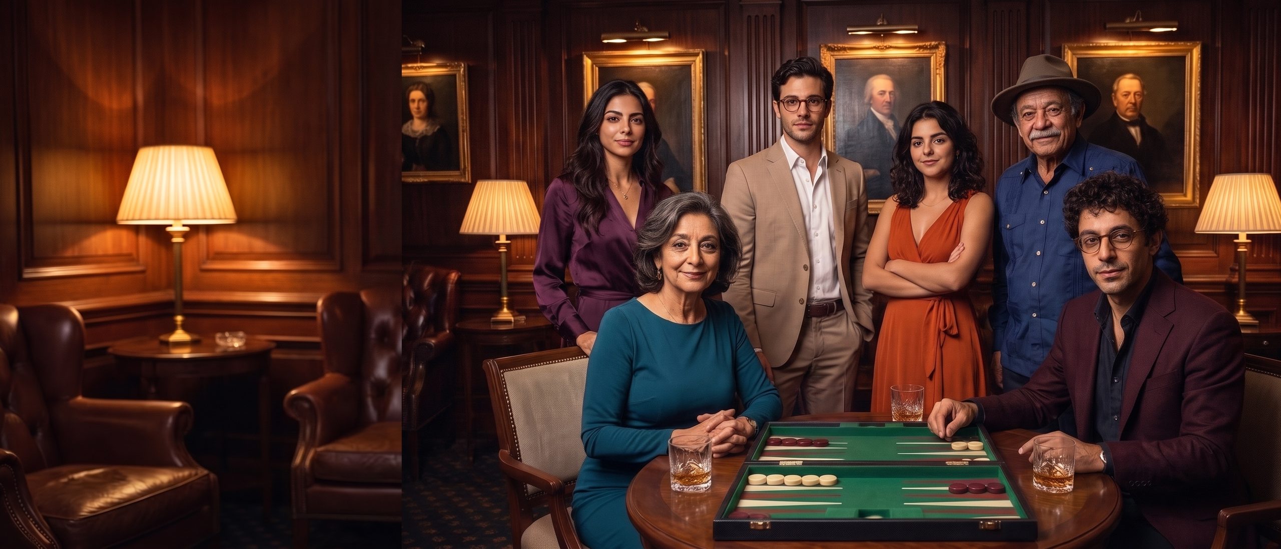 Seven beginner-level club members around a backgammon board in the lounge