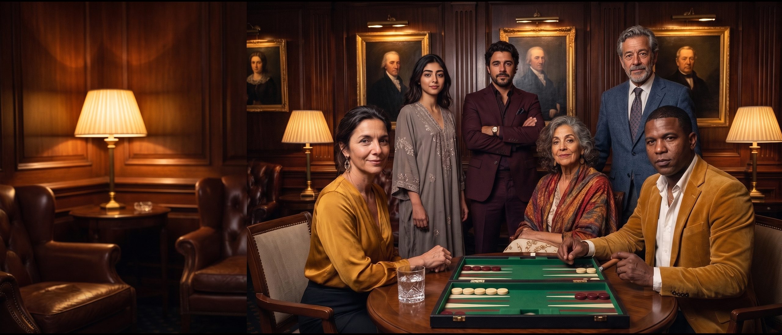 Six casual-player club members around a backgammon board in the lounge